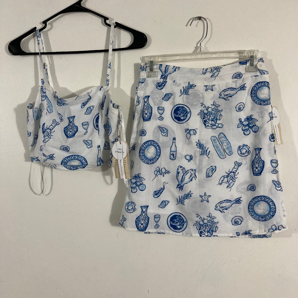 Midnight Sky 2 Piece Set Womens Small Blue White Coastal Linen  NWT Mini Skirt